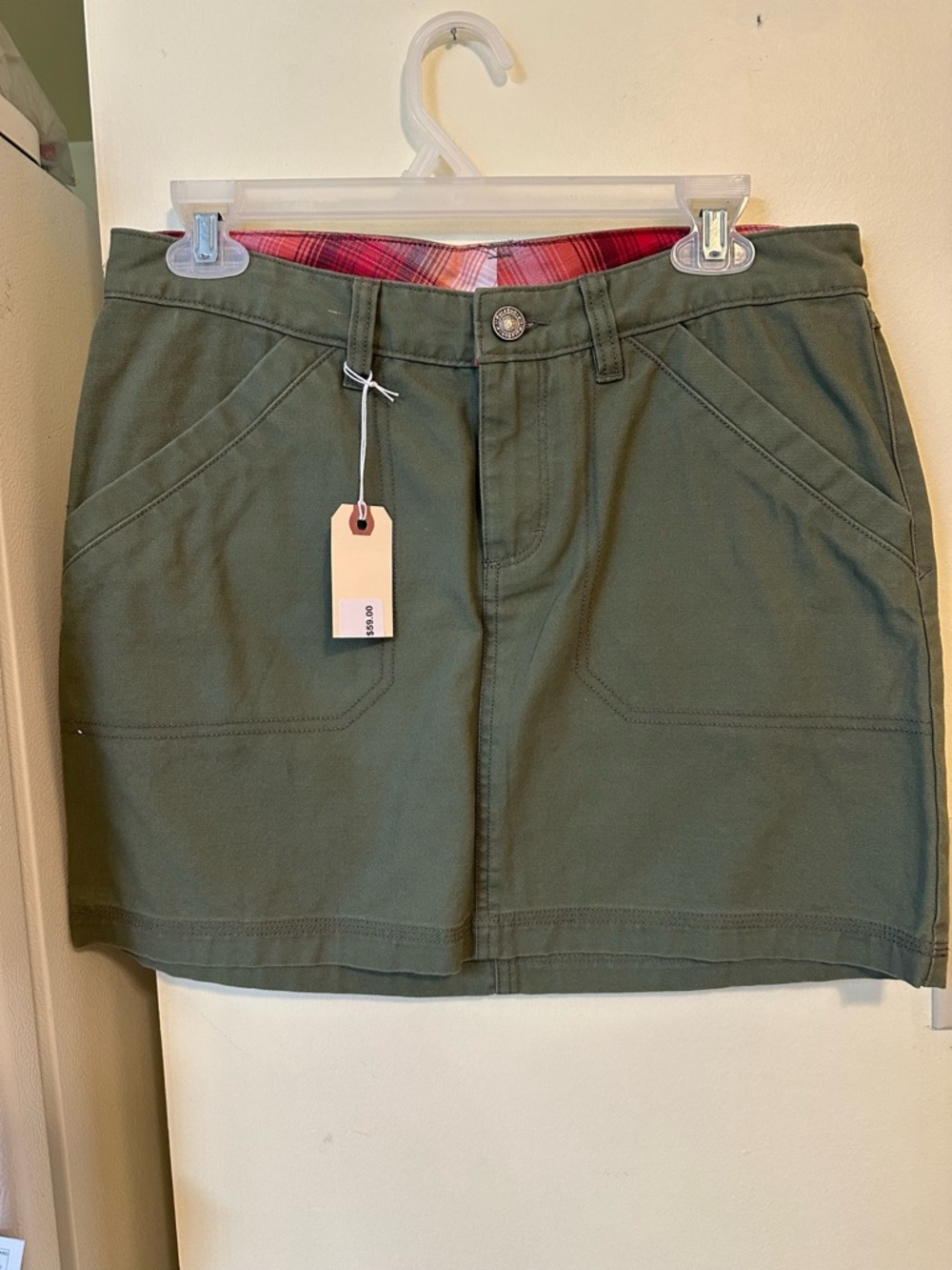Patagonia Olive Green Mini Skirt with Red Plaid Waist Lining